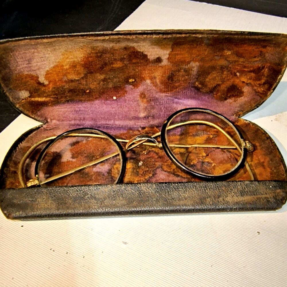 1681.  Antique Round Bifocal Eyeglasses Wire Frame with Case